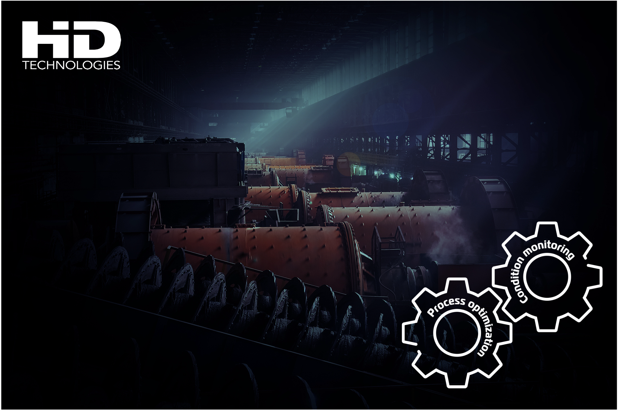 Industrial environment with tumbling mills, overlayed with a HD Technology logotype and two outlined gears