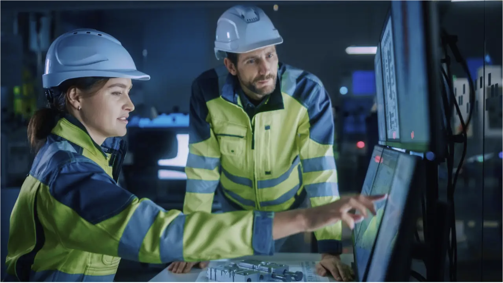 Two people in work wear looking at computer screen